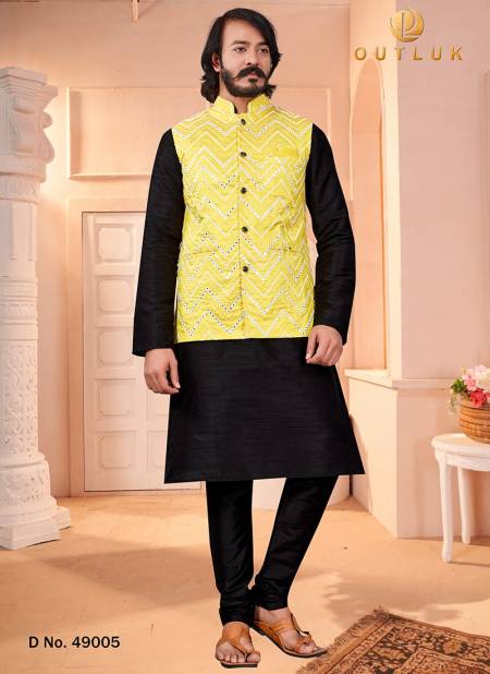 Yellow Colour Art Silk Wedding Wear Kurta Pajama With Jacket Mens Collection 49005
